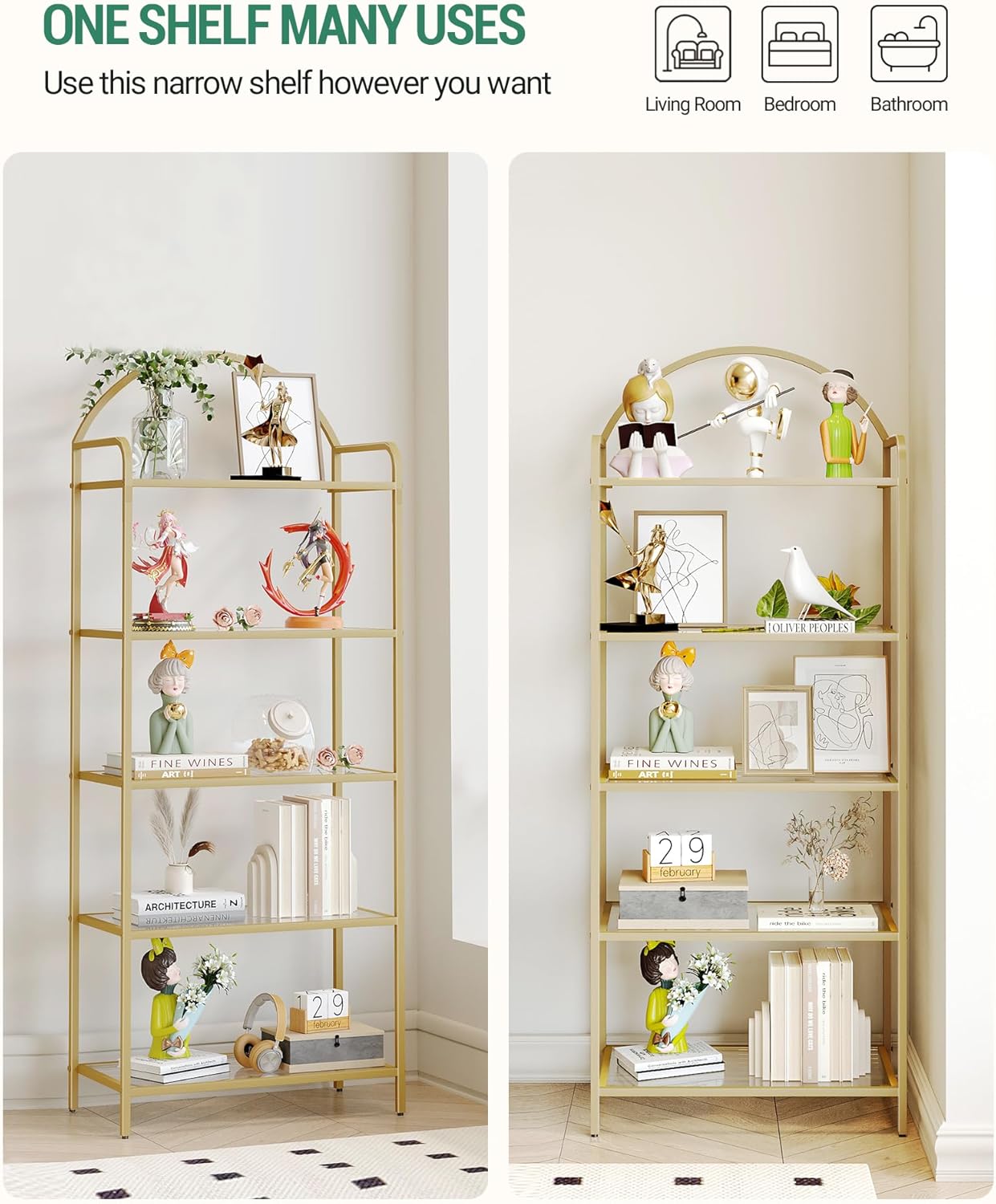 Bookcase Bookshelf, Tempered Glass Bookshelves, Slim Shelving Unit for Bedroom, Bathroom, Home Office, Steel Frame, 5 Tier Gold BC21599G