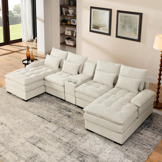 130" U-Shaped Sectional Sofa with Storage Console & Cup Holders, Upholstered 6 Seat Living Room Sleeper Couch Furniture Set w/Chaise, Cloud Cushion Couch for Home, Office, Apartment,Beige