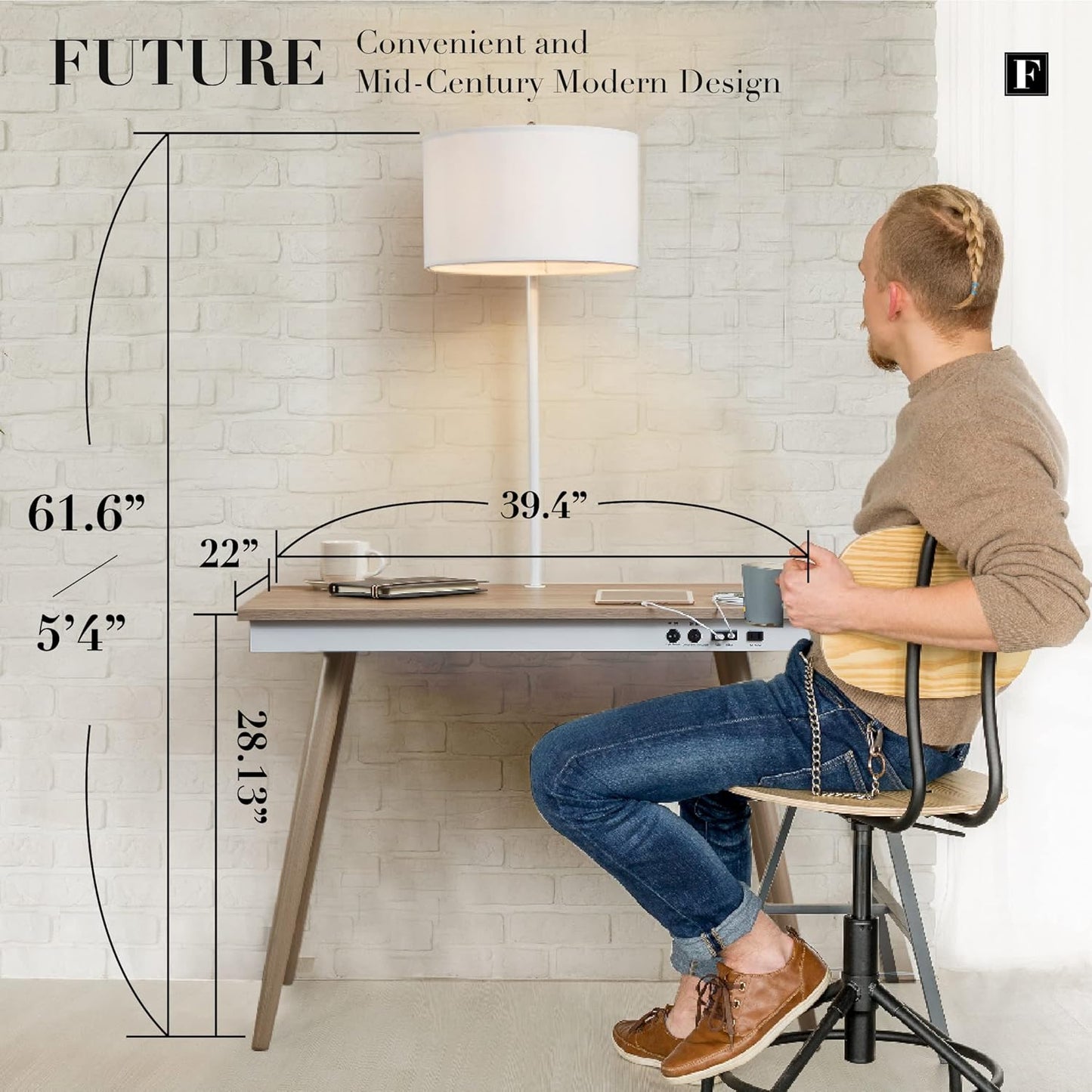 FENLO Future 39" Mid Century Desk for Home Office, Office Table with USB Charging Station, Mid Century Modern Desk with Wireless Charging, USB, and USB-C Ports