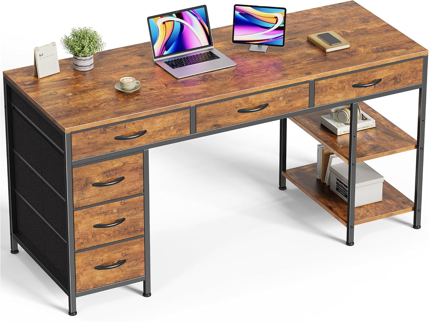 Huuger Computer Desk with 6 Drawers, 54 Inch Office Desk with Shelves, Reversible Gaming Desk, Corner Desk with Storage, Work for Home Office, Study, Living Room, Rustic Brown