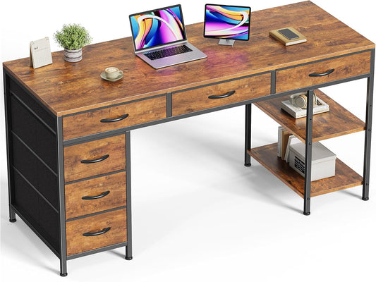 Huuger Computer Desk with 6 Drawers, 54 Inch Office Desk with Shelves, Reversible Gaming Desk, Corner Desk with Storage, Work for Home Office, Study, Living Room, Rustic Brown
