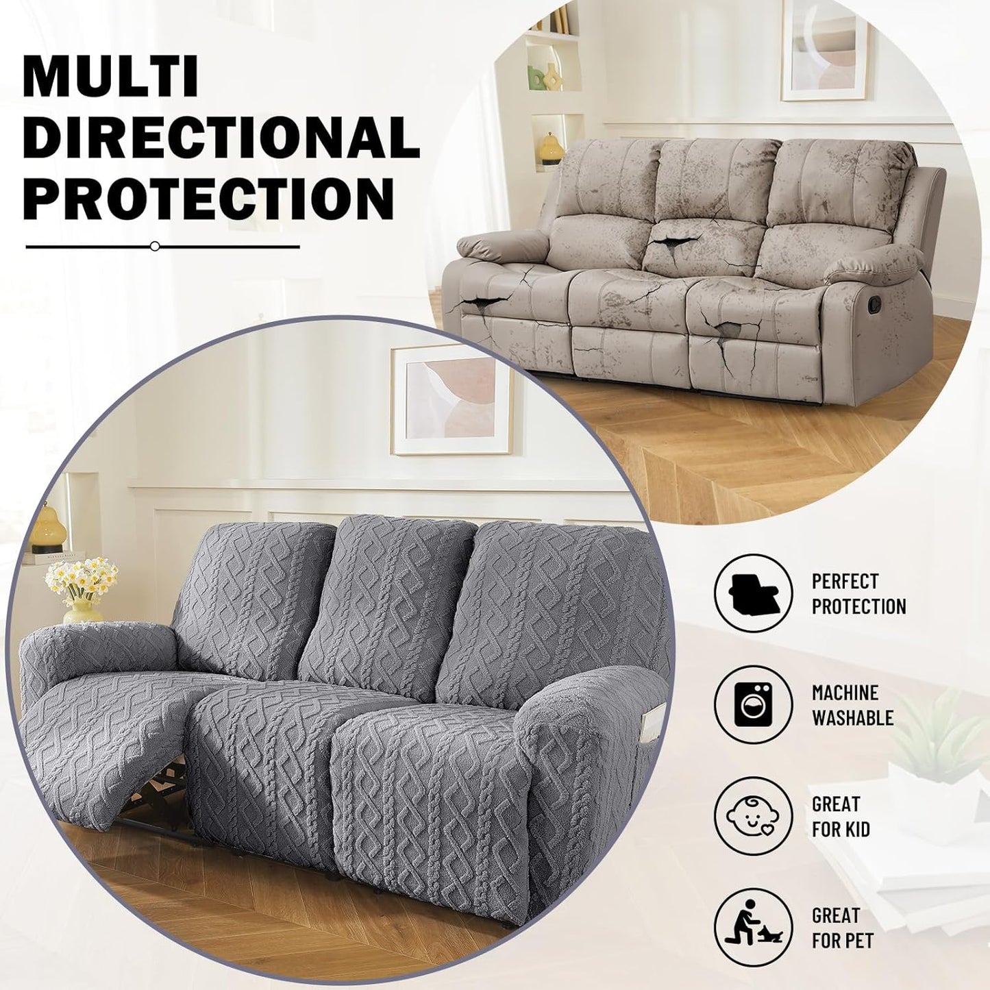 vctops 8 Pieces Geometric Jacquard Plush Recliner Sofa Covers Soft Fuzzy Fluffy 3 Seats Couch Cover Anti-Slip Sofa Slipcover Furniture Protector with Elastic Bottom for Kids Pet(Grey,3 Seat)