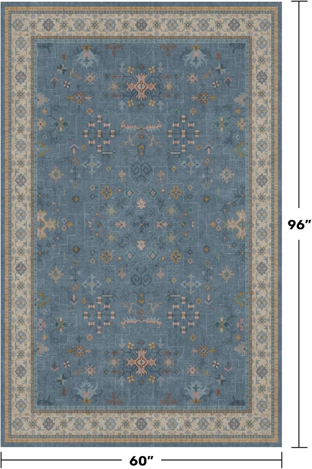 5x8 Rug for Living Room, Boho Eclectic Area Rugs Blue Modern Low-Pile Carpet for Bedroom, Dining Table, Nursery, Washable Non-Slip with Rubber Back