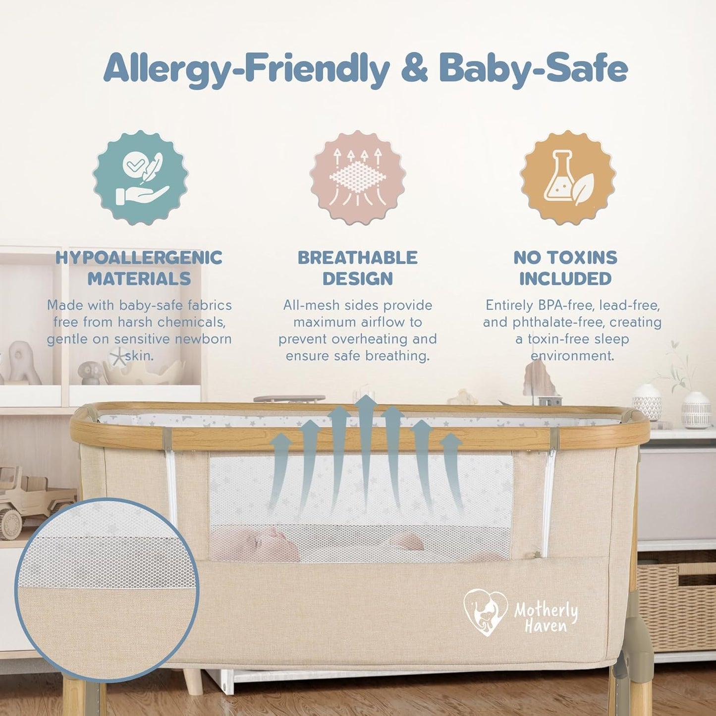 Baby Bassinet Bedside Sleeper, Portable Crib for Newborns, Adjustable 7-Height Auto-Lock, with Wheels, Soft Mattress & Breathable Mesh (Beige)