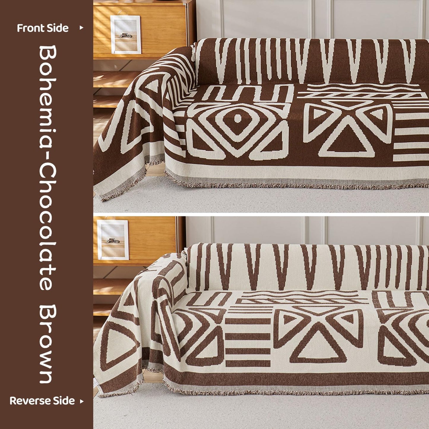 STACYPIK Sofa Covers Decorative, Boho Couch Cover for Sectional, Chocolate Sofa Protector for 3 Cushion Couch, Multi-Use Sofa Cover for Dogs with Tassles, Washable Sofa Slipcover for Loveseat-71X134IN