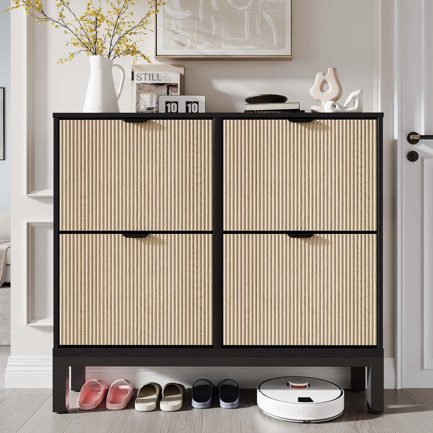 GarveeHome Shoe Storage Cabinet with 4 Flip Drawers, Farmhouse Fluted Shoe Organizer with Metal Legs, Freestanding Hidden Slim Narrow Shoe Rack for Entryway, Foyer, Hallway