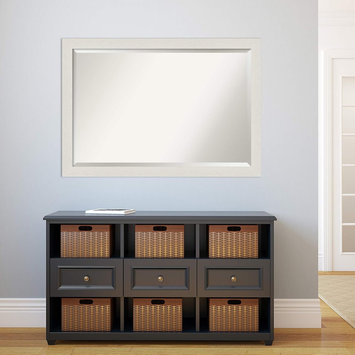 Amanti Art White Bathroom Mirror for Over Sink, 28x40 Rustic Plank White Narrow Rectangle Vanity Mirror, Large Rustic Farmhouse Frame, Hangs Horizonally and Vertically, Bathroom Wall Decor, Beveled