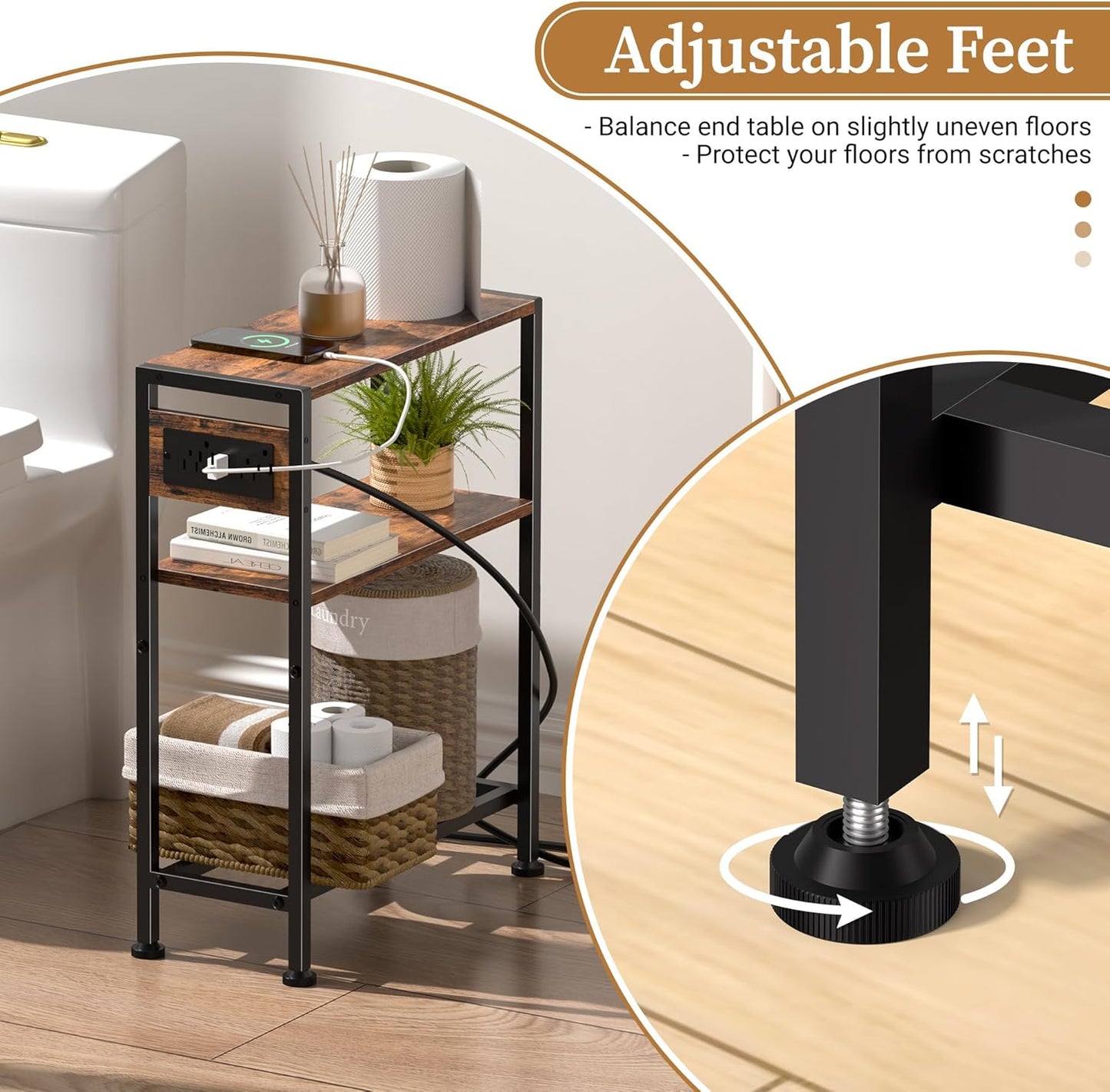 Small Narrow Side Table with Charging Station, Skinny End Table for Small Spaces, Slim Nightstand with Outlets, Sofa Bedside Table in Living Room, Bedroom, Study, Kitchen and Balcony (Rustic Brown)