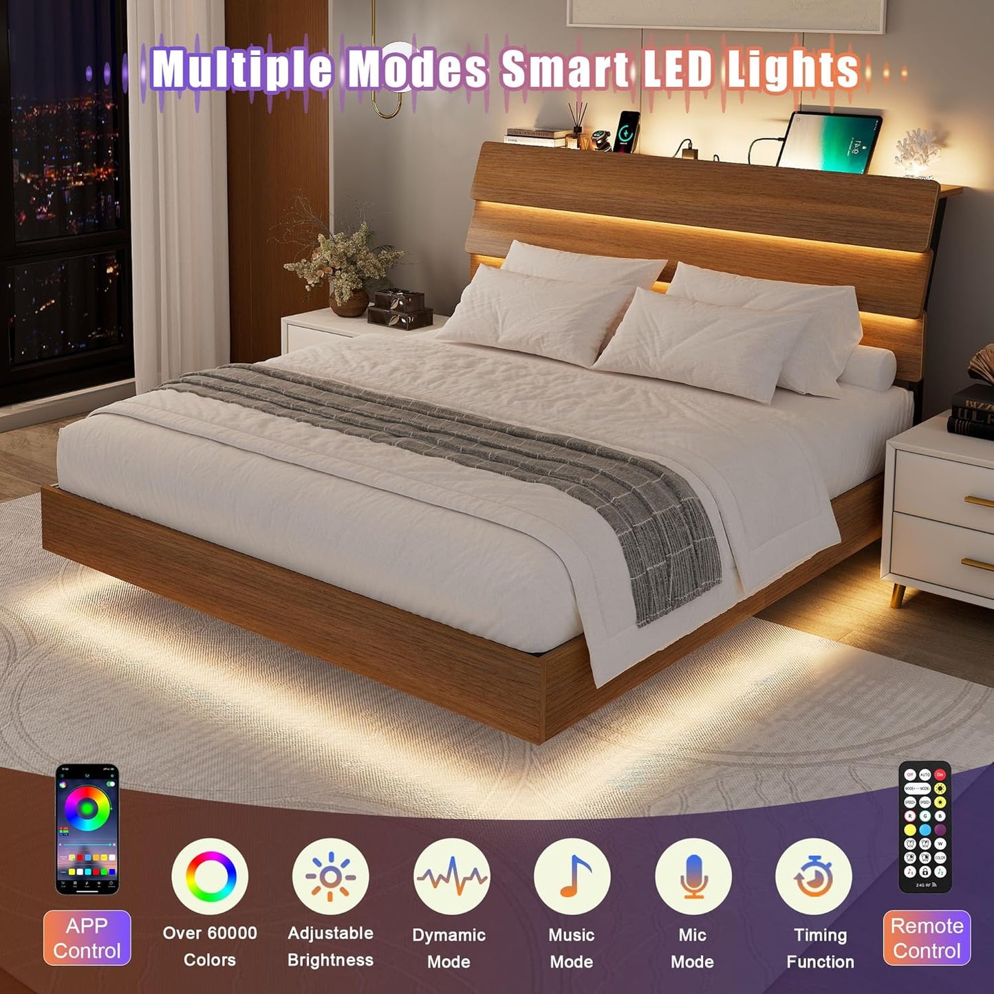 Feonase Floating Bed Frame Full with Led Lights and Charging Station, Wood Full Size Bed Frame with Storage Headboard, Heavy Duty Metal Slats, No Box Spring Needed, Easy Assembly,Walnut