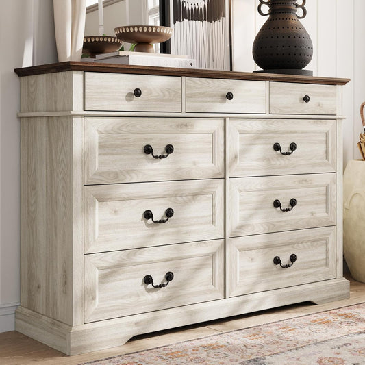 LINSY HOME Farmhouse 9 Drawers Dresser for Bedroom, Wood Bedroom Dresser Wide Chest of Drawers, French Country Storage Double Dressers Organizer for Closet, Living Room, Beige