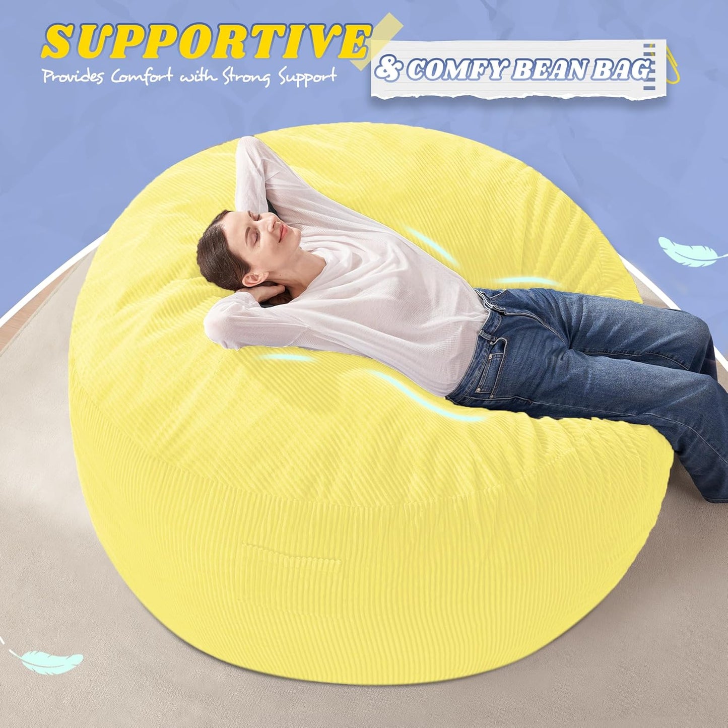 HABUTWAY 3FT Bean Bag Chair,Giant Bean Bag Chairs for Adults,Big Bean Bags with Memory Foam Filled, Large Beanbag Chairs with Soft Corduroy Cover-Yellow