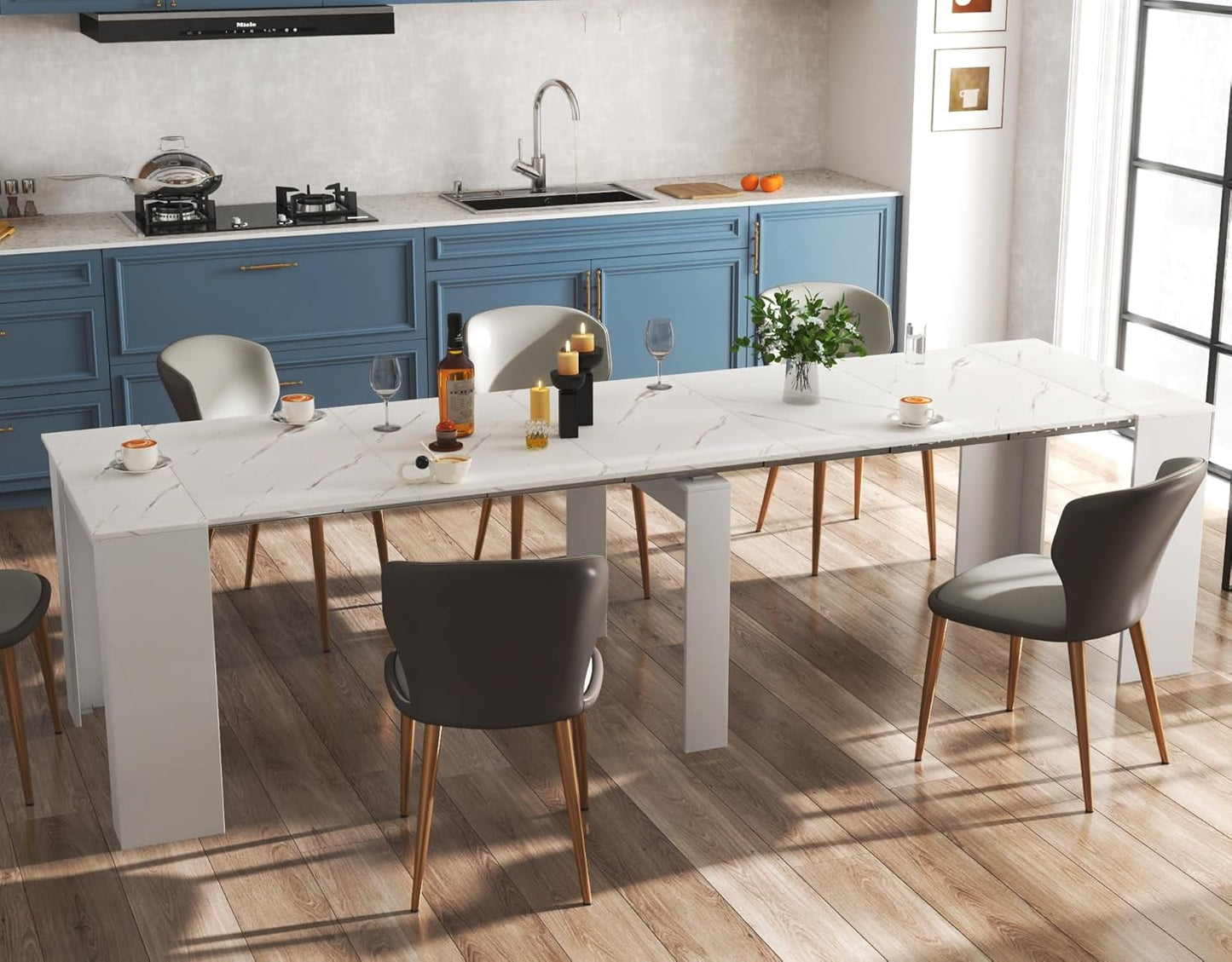 KEIKI 20”-118.5”L Extendable Foldable Dining Room Table for 1-10 People, Wood Modern Rustic Rectangle Expandable Kitchen Living Meeting Room Furniture, 6 Tabletop Length Options, Marble White