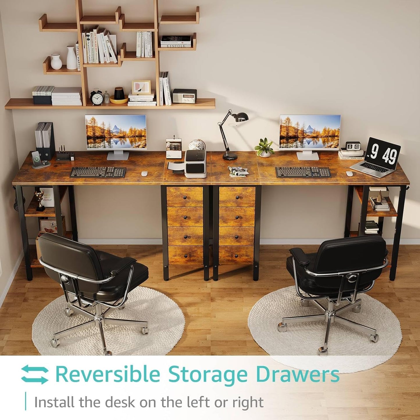 Lufeiya 47 inch Desk with 4 Drawers & Storage Shelves, Writing Work Study Computer Desk for Home Office Bedroom, Modern Simple Student PC Desks Table, Rustic Brown