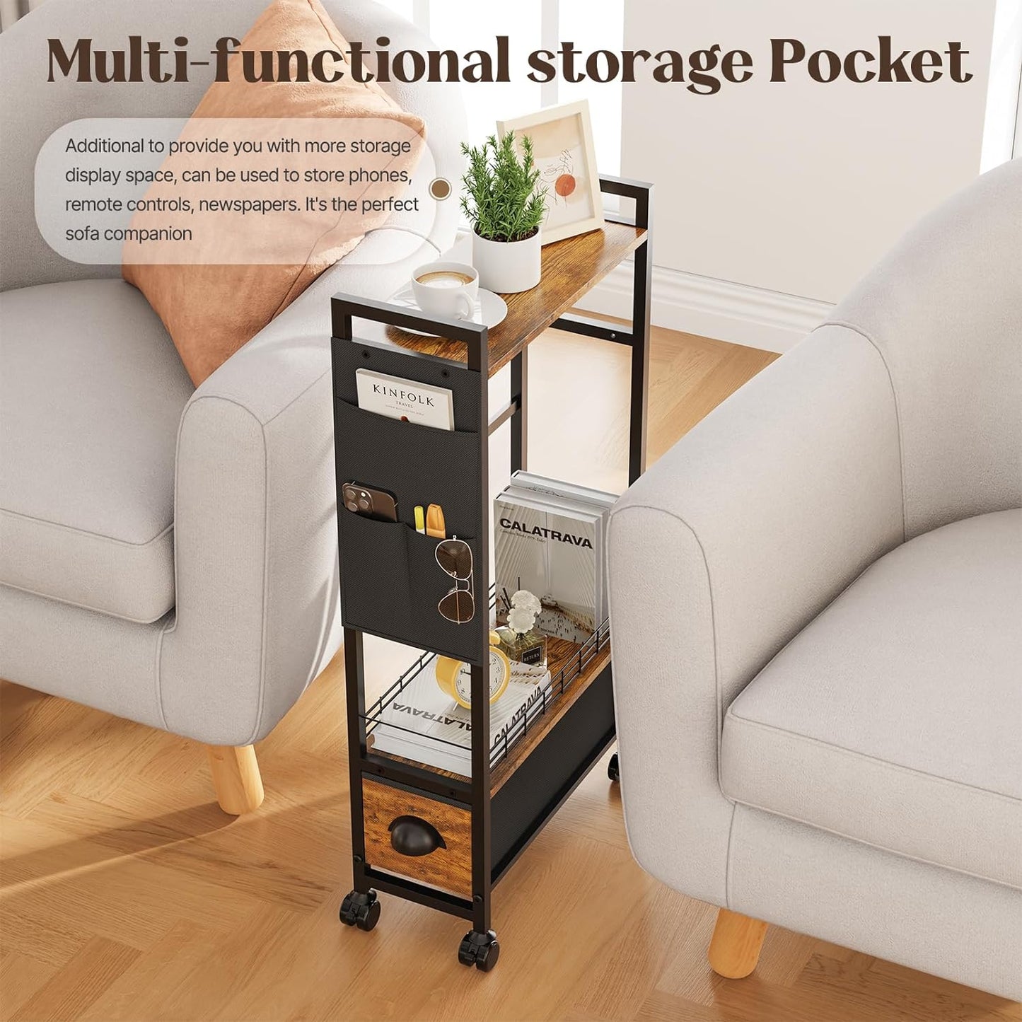 Narrow Side Tables with Drawer for Small Spaces, Small End Table Slim Nightstand with Wheels, Space Saving Skinny Thin Bedside Sofa Coffee Desk with Storage Bag for Bedroom Living Room Couch