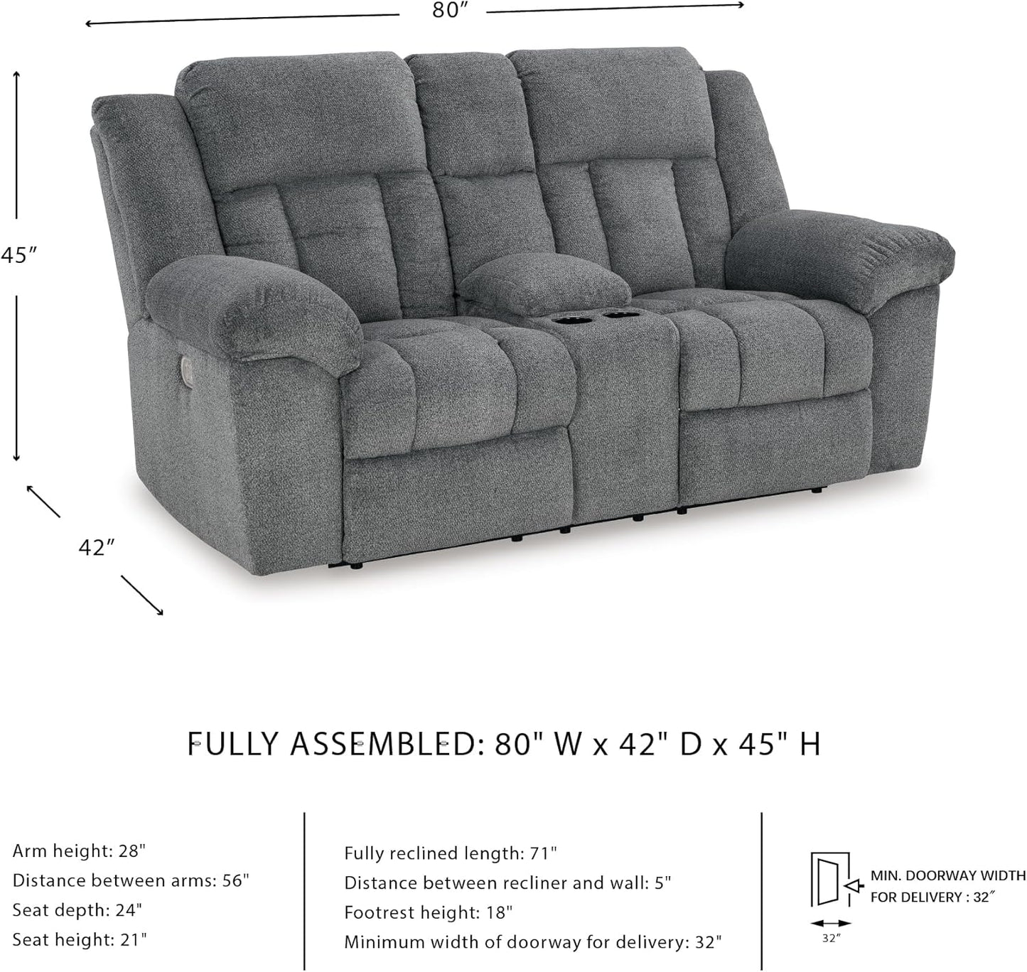 Signature Design by Ashley Tip-Off Modern Wall Hugger Power Reclining Loveseat with Adjustable Headrest, USB Ports, Storage and Cup Holders, Gray