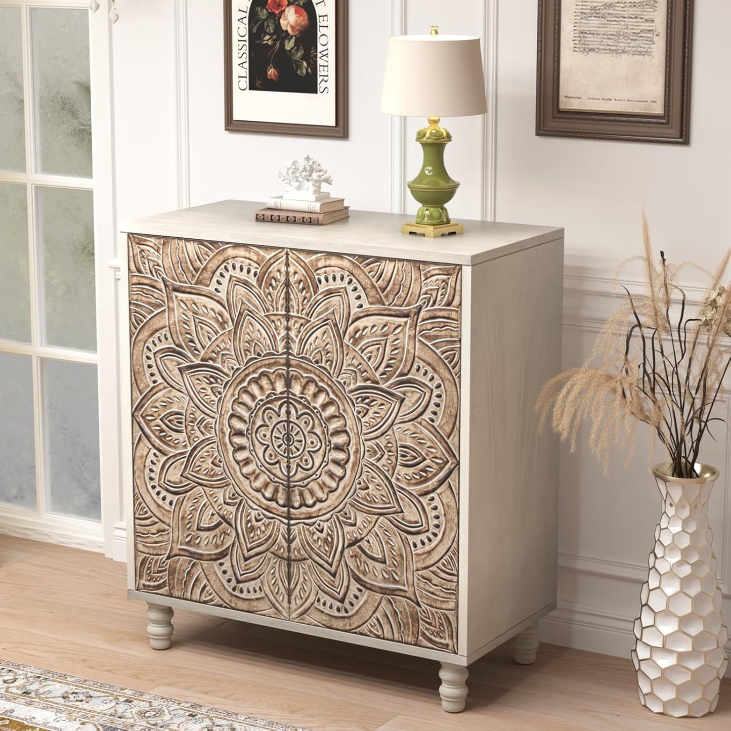 COSIEST Set of 2 32" Buffet Sideboard Cabinets with Storage, Accent Cabinet with Push-to-Open Doors, Vintage Lotus Carved Pinewood Doors, Entryway Console for Living Room, Kitchen, Hallway, Gray