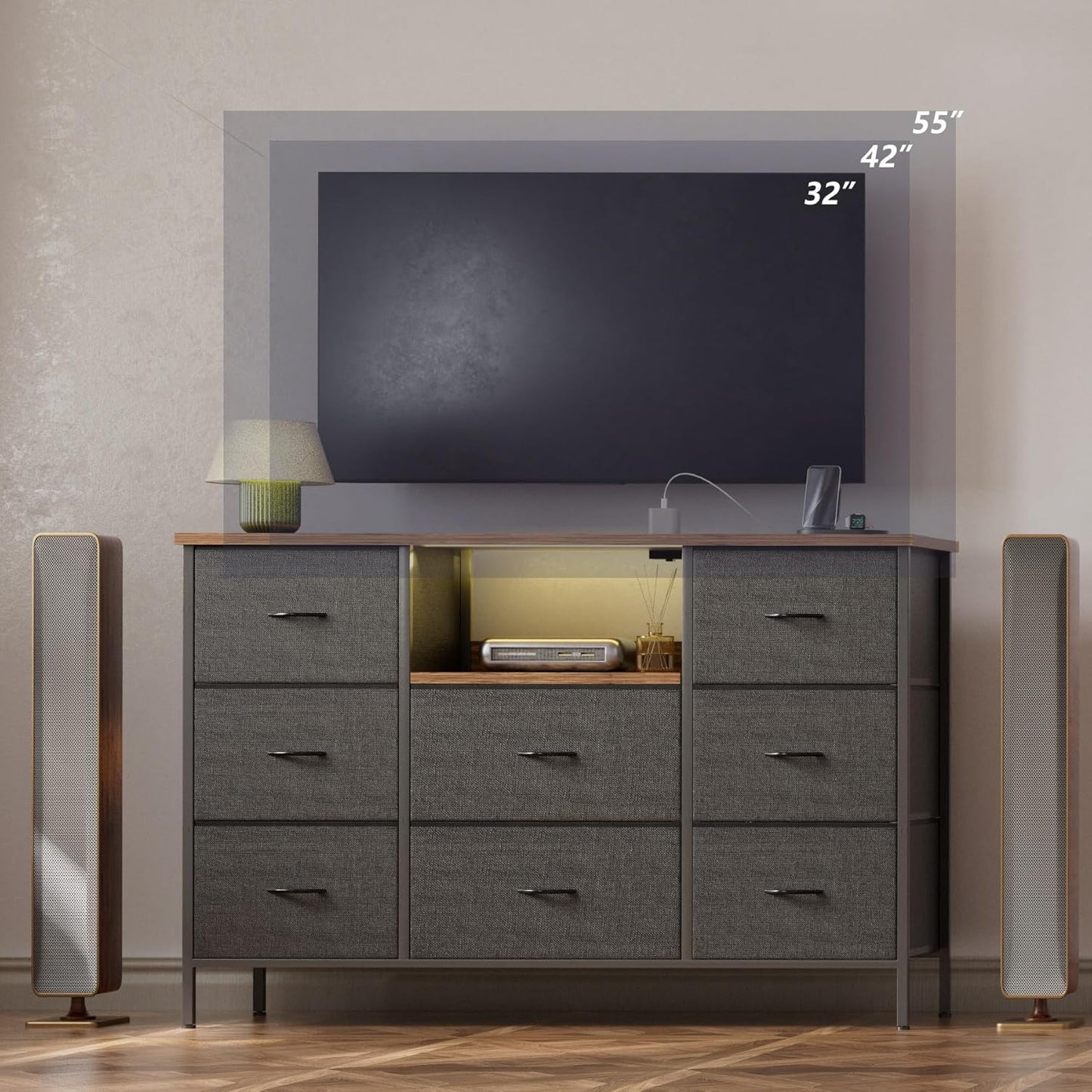 Black Dresser with LED Lights & Power Outlets, Dresser TV Stand with 8 Drawers for 55" TV, Fabric Chest of Drawers for Bedroom, Living Room, Entryway