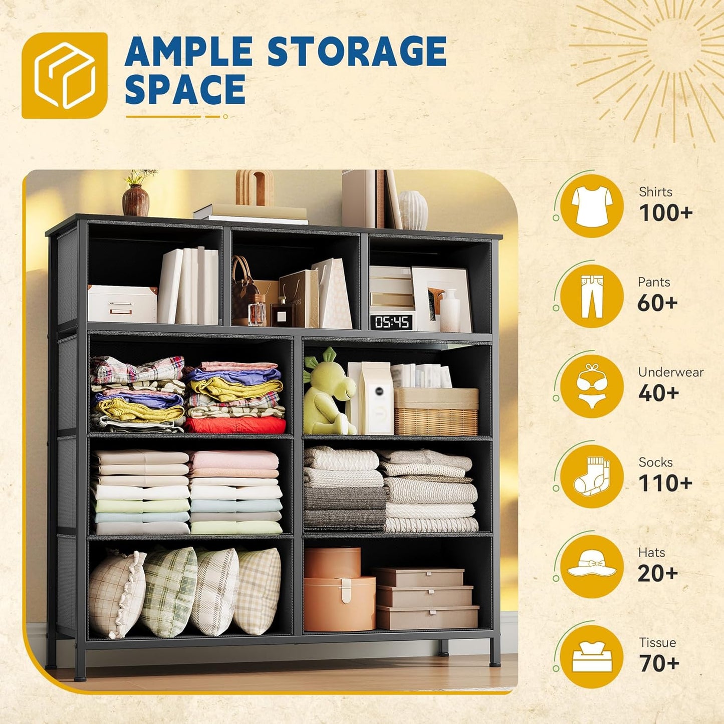 DWVO 9 Drawers Dresser for Bedroom, Fabric Storage Tower for Living Room, Entryway - Sturdy Steel Frame, Wooden Top & Easy Pull Fabric Bins