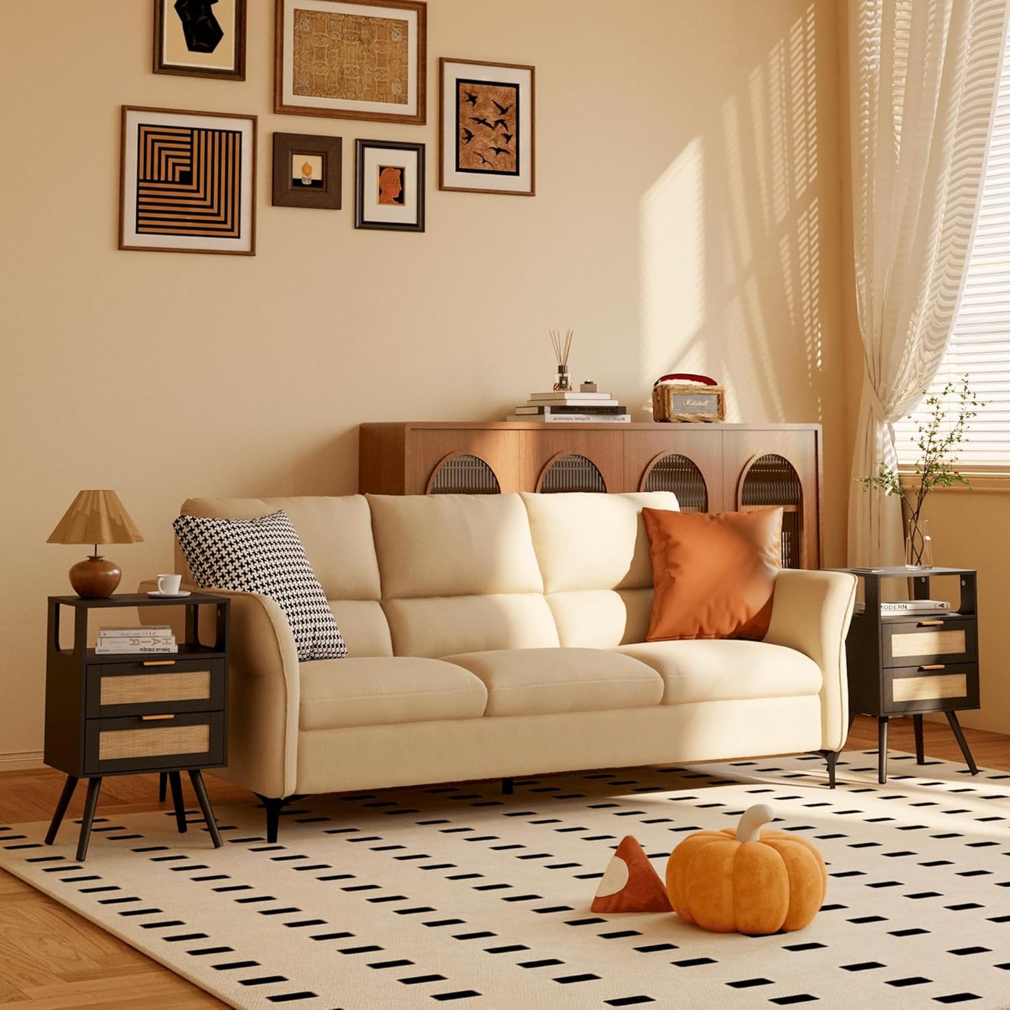 Rattan Nightstand,Farmhouse Bedside Table with 2 Storage Drawer and Open Wood Shelf, for Bedroom and Small Spaces,Night Stand with Solid Wood Legs (Black)