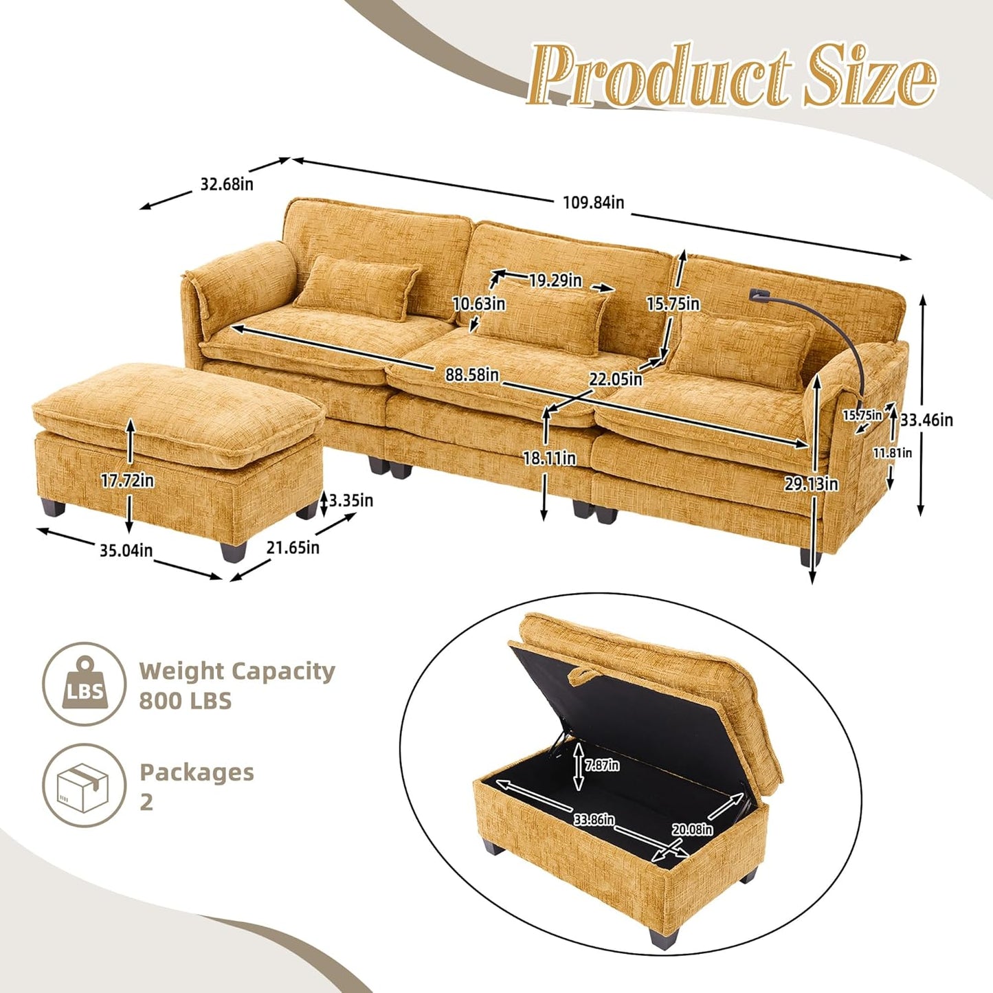 Ball & Cast Modular L Shaped Sectional Sofa,Comfy Cloud Couch W/Movable Storage Ottoman,4 Seater Sectional Sofa W/USB Charging Port,Phone Holder&Side Pocke,Chenille Fabric,for Living Room,Yellow,109"