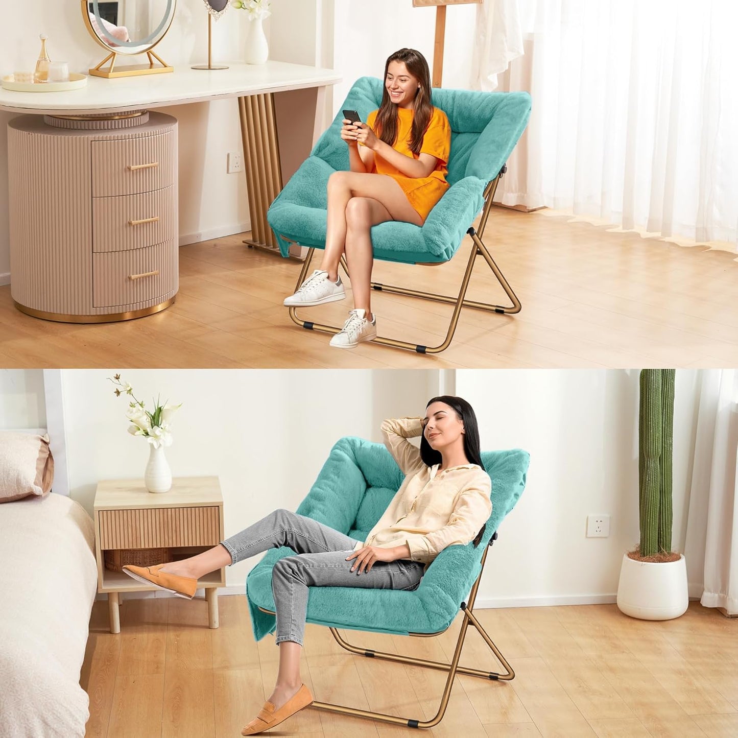 Comfy Saucer Chair for Adults, Foldable Living Room Chairs, Soft Faux Fur Lounge Chair for Bedroom, Reading Chairs, X-Large (Ottoman-Mint)