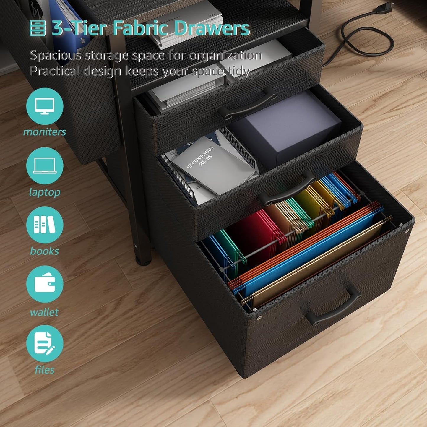 Lufeiya Gaming Desks with Led Lights and Power Outlets, 55 Inch Computer Desk with File Drawers Cabinet, Home Office Desk with Shelves Monitor Stand, Black