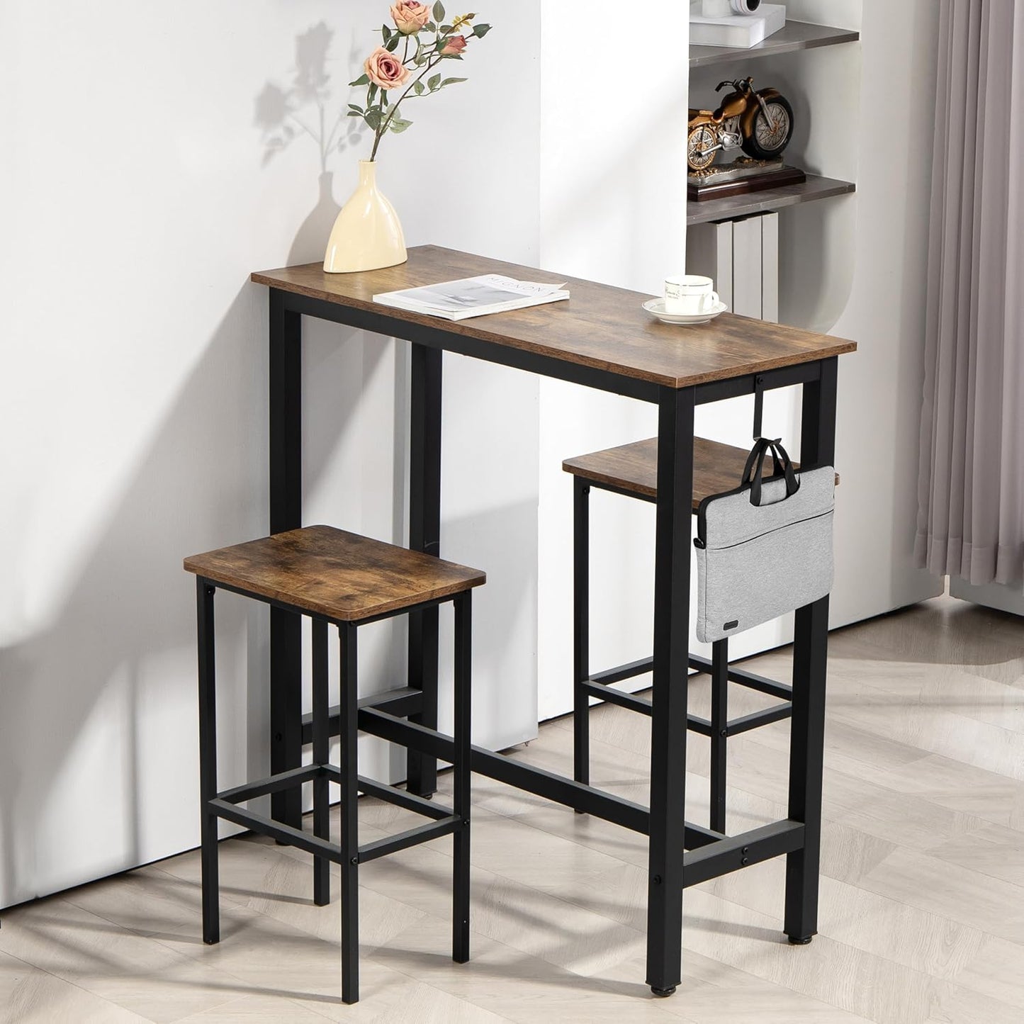 Finnhomy Bar Table Set, 39.3" Pub Table High Top Table, Rectangular Bar Height Table, Bar Table with Stools, Kitchen Table Set for 2, Industrial Breakfast for Kitchen, Living Room, Rustic Brown