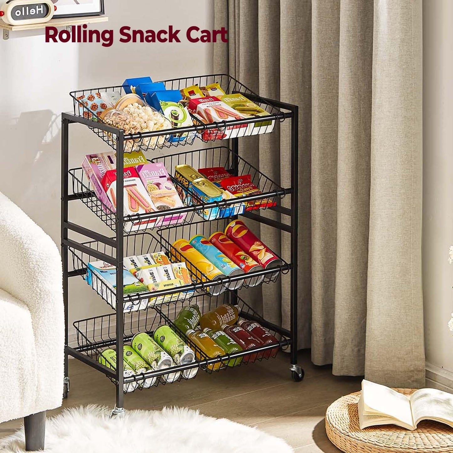 25.2''W Kitchen Storage Cart, Rolling Snack Cart, 4 Tier Fruit Basket Stand, Metal Pantry Storage with 8 Stackable Wire Baskets, Black