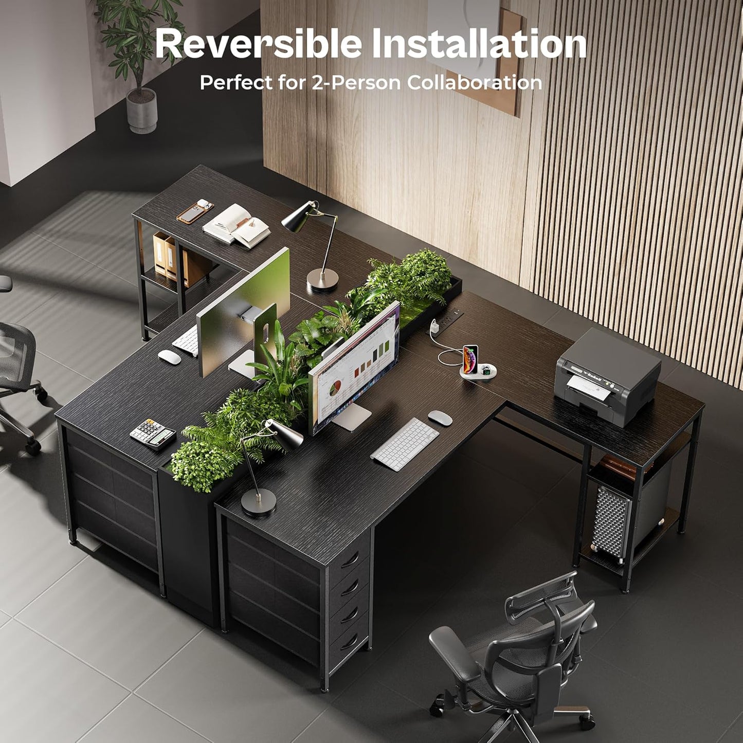 Huuger 55 Inch L Shaped Desk with Fabric Drawers, Reversible Computer Gaming Desk with Power Outlets and USB-C Port, Adjustable Side Storage Shelves, for Work Study Corner Home Office, Black