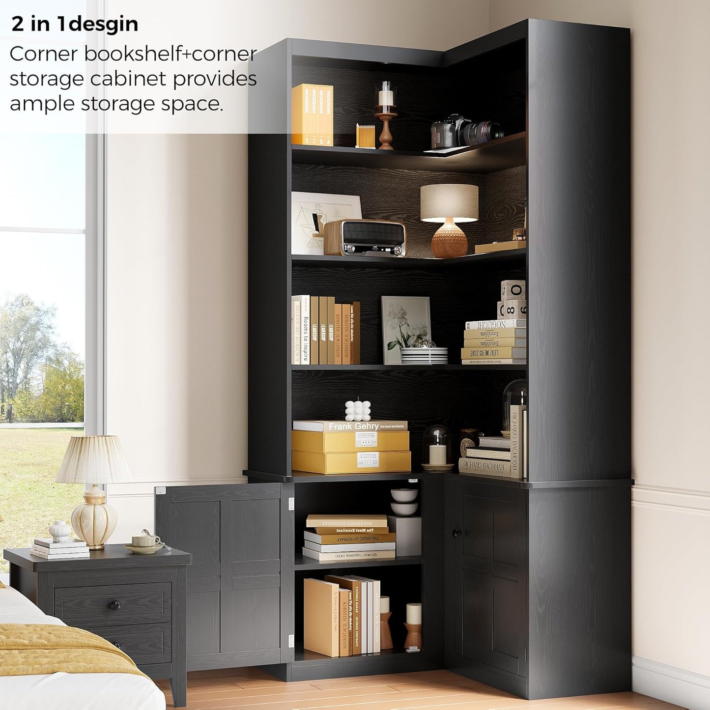 IRONCK Corner Bookshelf with Doors, 6 Tier Bookcase with Storage, Corner Shelf with Cabinet, Large Tall Bookshelf for Living Room, Home Office, Bedroom,Black