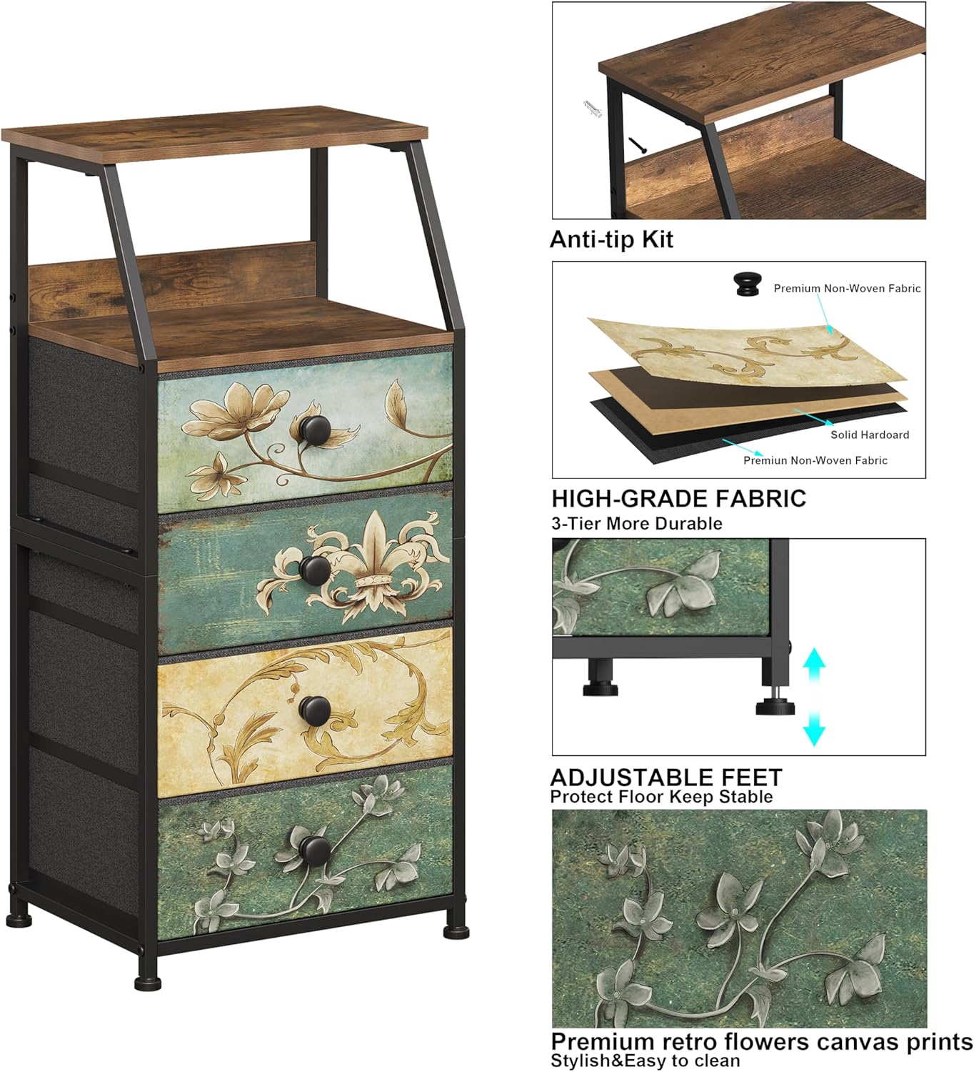 Tohomeor Dresser with Fabric Drawers Nightstand with 2 Tier Shelf Storage Tower for Bedroom Hallway Entryway Closet Organizer Sofa Beside Table Furniture (Multi, 4 Drawers)