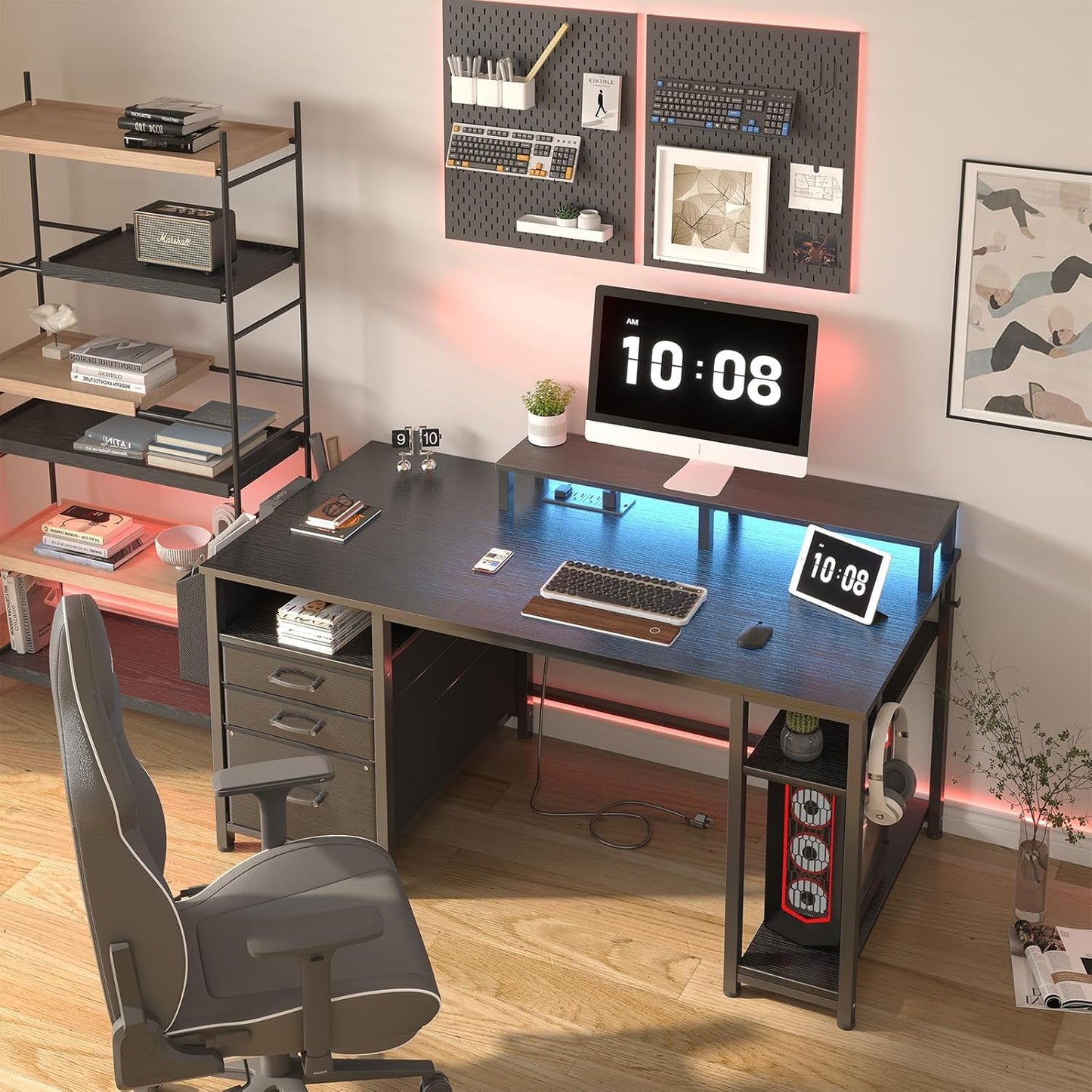 Lufeiya Gaming Desks with Led Lights and Power Outlets, 55 Inch Computer Desk with File Drawers Cabinet, Home Office Desk with Shelves Monitor Stand, Black