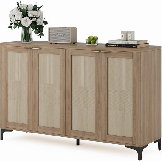 Sideboard Buffet Cabinet with Storage, 4 Doors Rattan Kitchen Cabinet with Adjustable Shelf, Accent Sideboard Entryway Console Table for Living Room, Natural