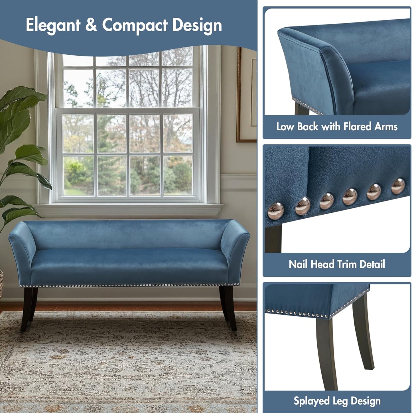 Madison Park Accent Bench, Upholstered with Nailhead Trim, & Padded Seat Entryway Bench Small, End of Bed Bench with Back, 49.5" W x 19.25" D x 23" H, Blue