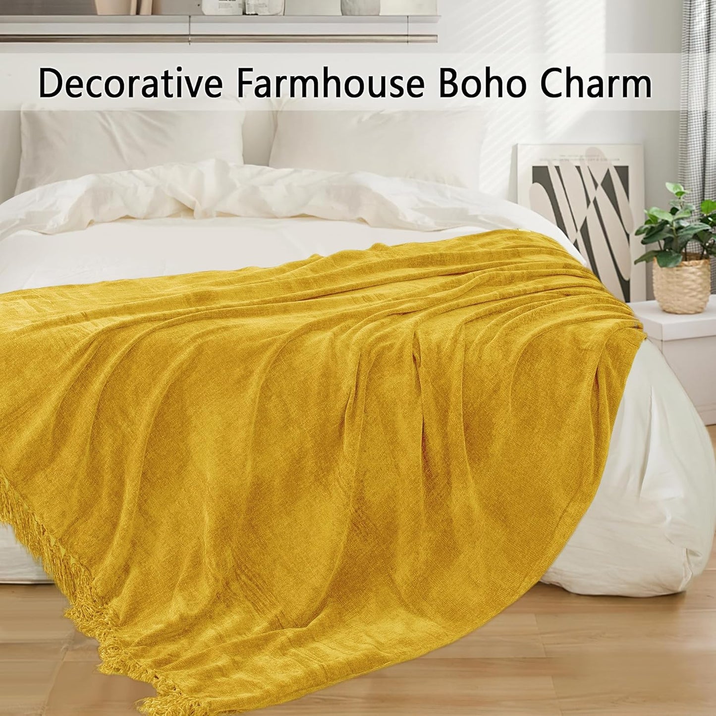 Chenille Throw Blanket for Couch 60"X 80" Twin, Soft Cozy Throws with Fringe Tassel for Bed Sofa Chair Cover, Lightweight Knitted Decorative Boho Blankets for Living Room, Yellow