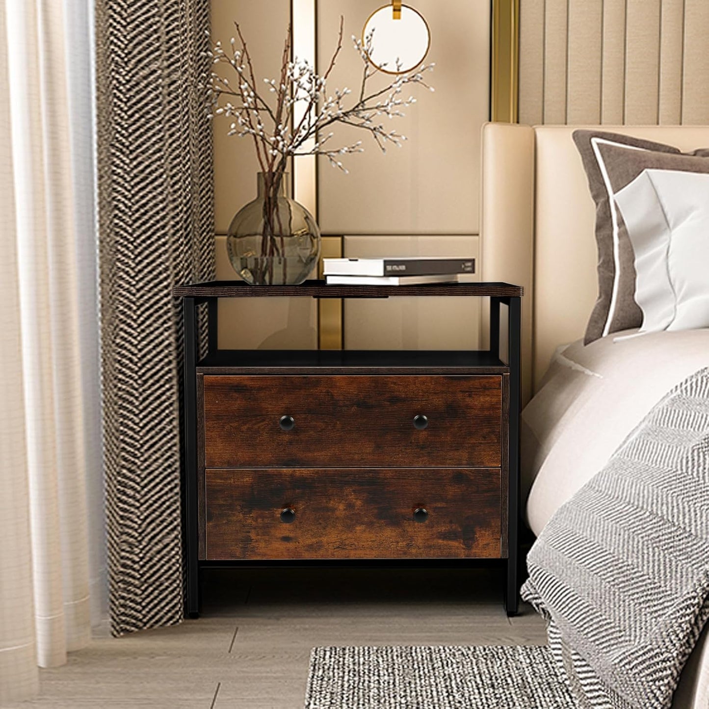 27 inch Wide Nightstand with Charging Station, Bedside Table with Open Shelf, 2 Drawers Small Wood Dresser, End Side Table for Bedroom (Rustic Brown)