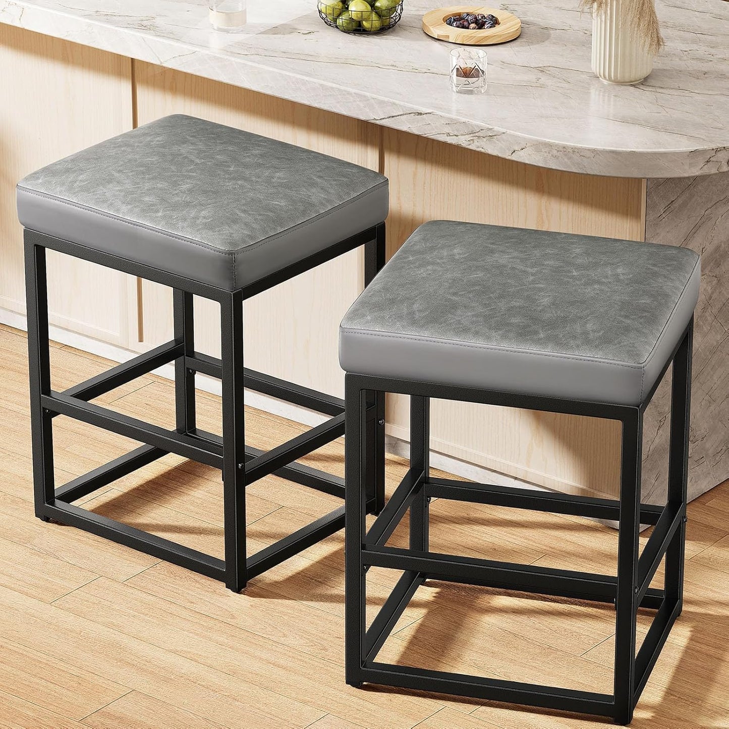 Counter Height Bar Stools Set of 2, 24" Barstools for Kitchen Countertop, Faux Leather Counter Stools with Thick Square Seats & Sturdy Metal Base, Simple Assembly, Gray