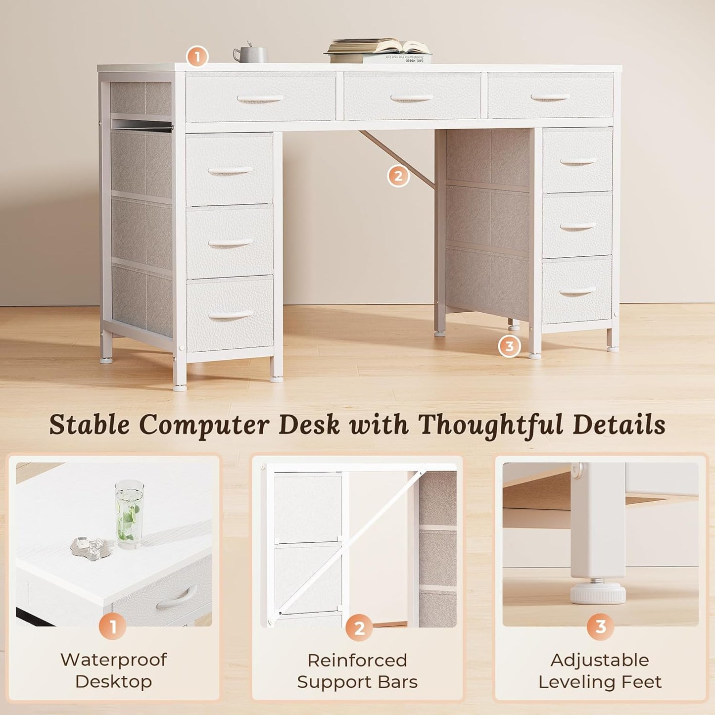 PRAISUN 47 Inch Office Desk with Outlets, Computer Desk with 9 Fabric Drawers, Writing Gaming Work Study Desk for Bedroom, Living Room, Home Office, Large Storage, White