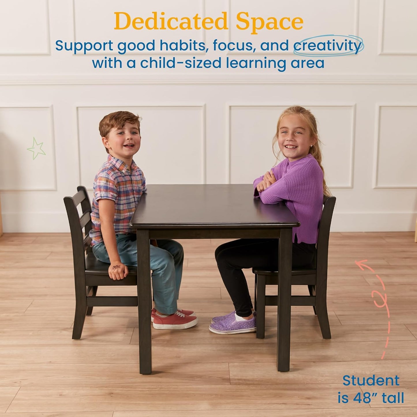 ECR4Kids 24in x 36in Rectangular Hardwood Table and Chair Set, 12in Seat Height, Kids Furniture, Grey Wash