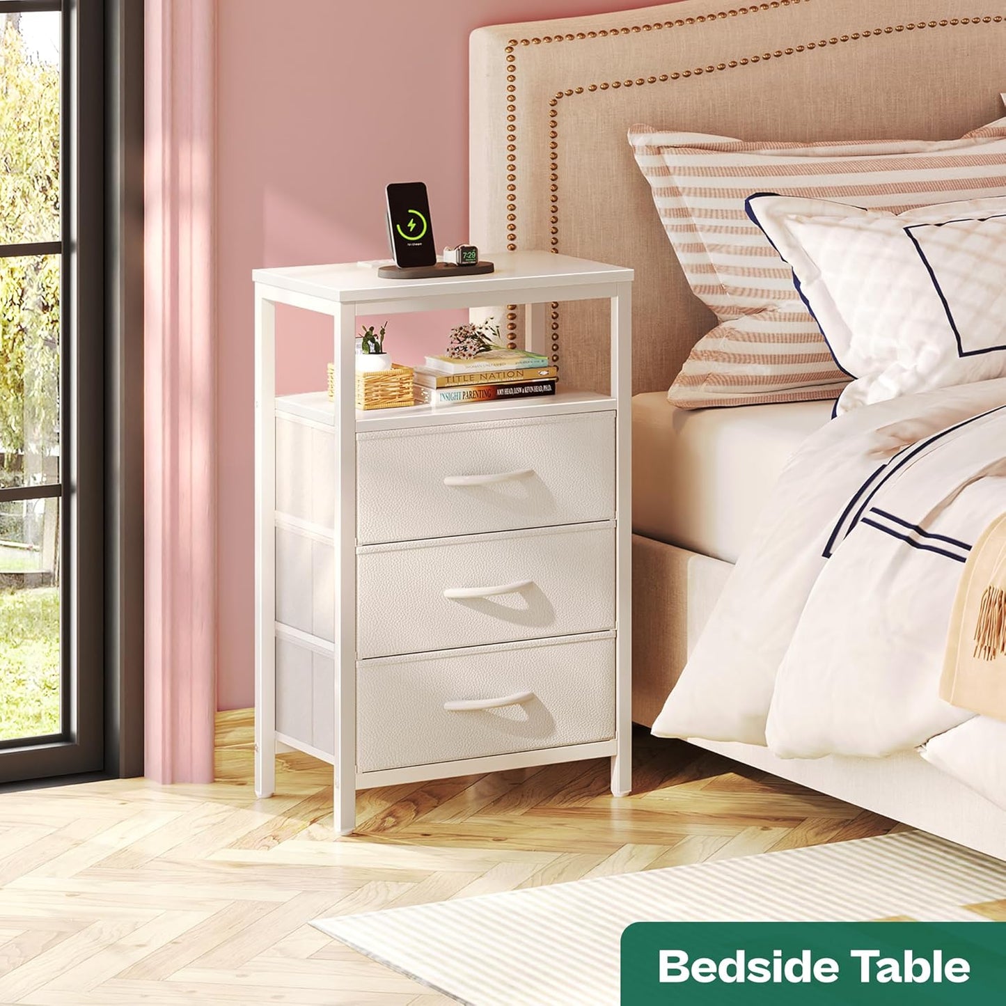 Huuger Nightstands Set of 2, 27.6 Inch End Tables with Charging Station, Bedside Tables with Drawers, PU Leather Finish, USB Port and Outlet, Night Stands for Bedroom, White