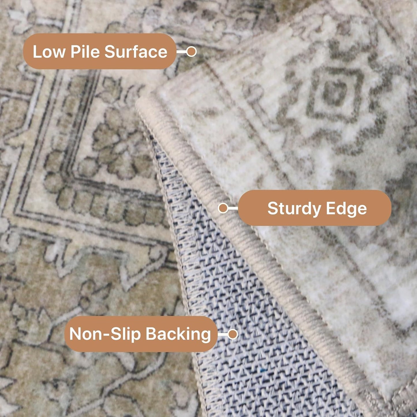 GENIMO 10x14 Area Rugs for Living Room, Machine Washable Non Slip Vintage Rugs, Low Pile Lightweight Chenille Print Rug for Bedroom, Dining Room, Home Office, Trench