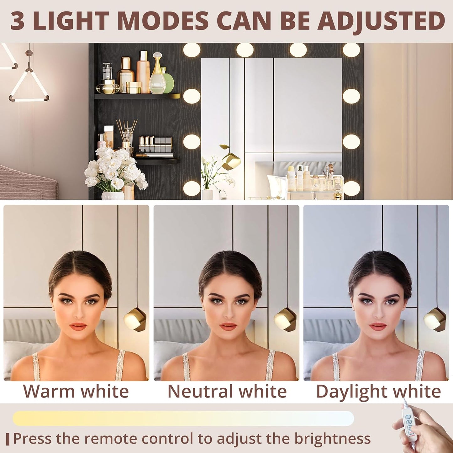 IRONCK Vanity Desk with Mirror and Lights, Small Makeup Vanity Table with 5 Drawers, Power Outlet, and Vanity Stool, 3 Lighting Colors, Dressing Table for Women Girls Bedroom, Black