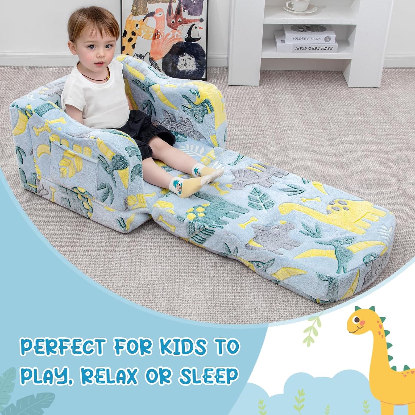 Comfy Toddler Chair and Couch for Kids with Blanket,2-in-1 Soft Plush Fold Out Toddler Couch for Girls and Boys,Convertible Sofa to Lounger for Playroom,Glowing Dinosaur
