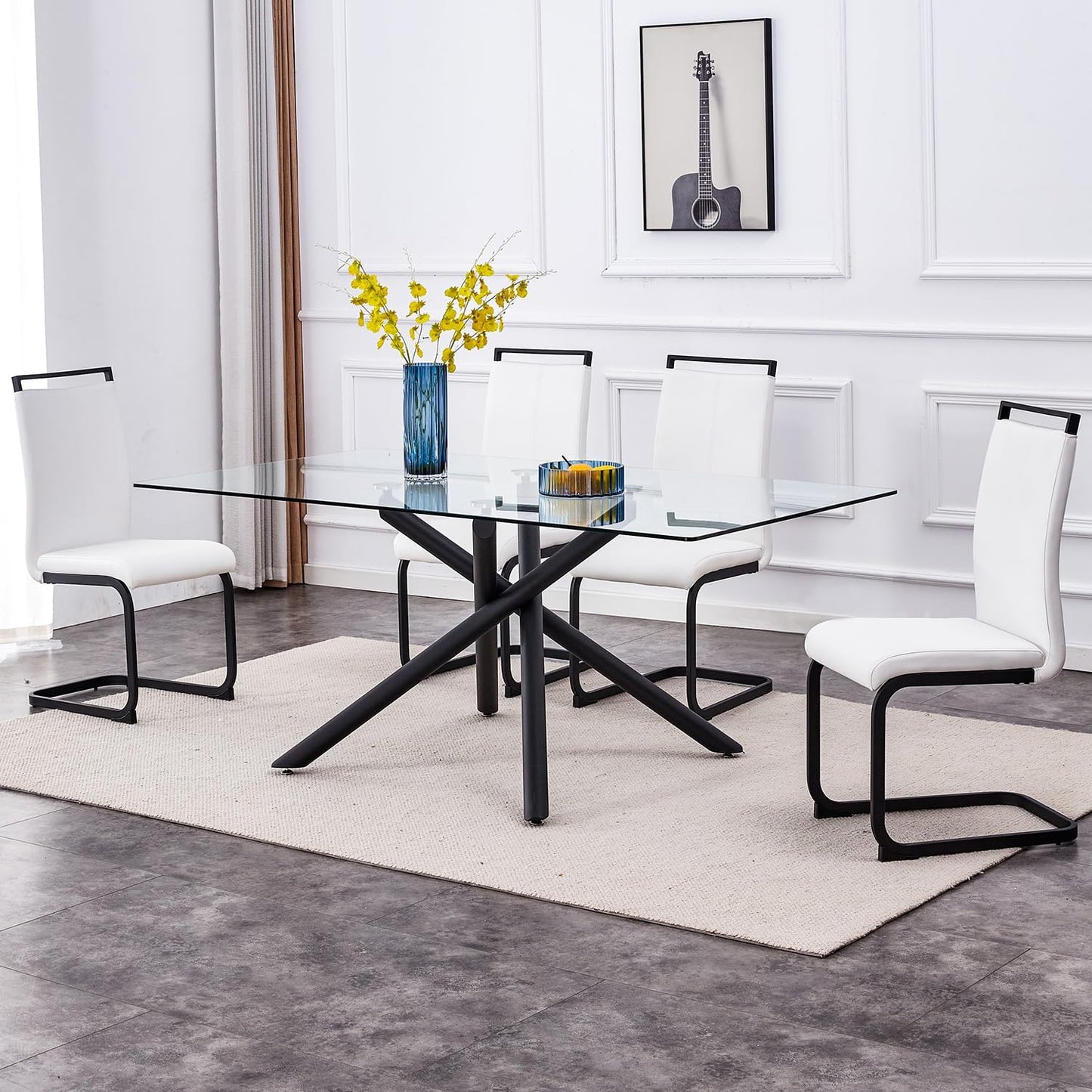 Modern Dining Chairs Set of 4,High Back Kitchen Chairs,Side Room Chair with Black Powder Coating Metal Legs,Easy to Clean Upholstered Dining Chairs,Ideal for Living Room(White Chairs)