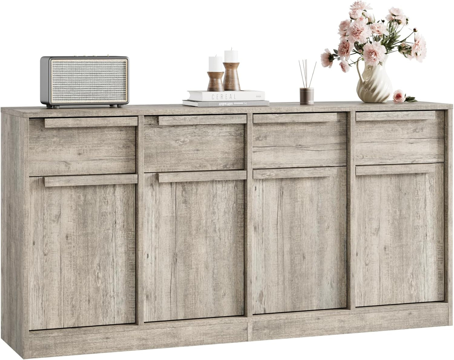 GarveeHome Sideboard Buffet Cabinet with 4 Drawers, 62.4" Large Coffee Cabinet with Storage, Modern Storage Buffet Table for Kitchen Dining Room, Living Room (Grey, 4 Doors & 4 Drawers)