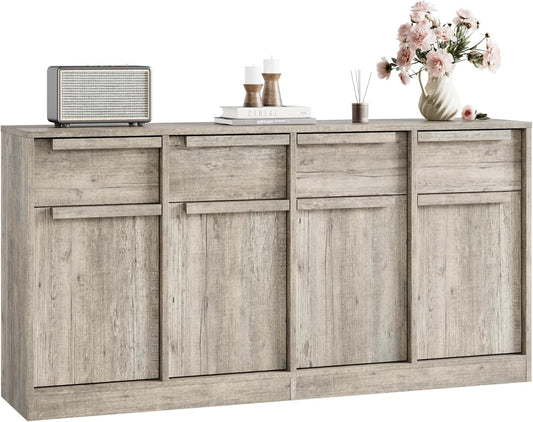 GarveeHome Sideboard Buffet Cabinet with 4 Drawers, 62.4" Large Coffee Cabinet with Storage, Modern Storage Buffet Table for Kitchen Dining Room, Living Room (Grey, 4 Doors & 4 Drawers)