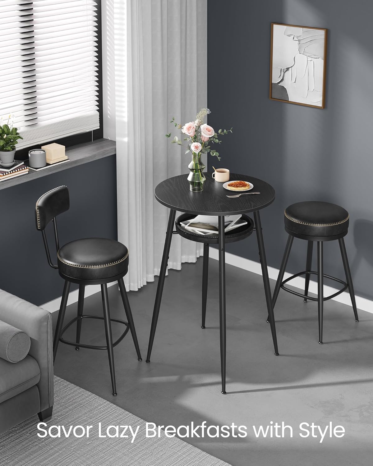 VASAGLE EKHO Collection - Bar Table with Storage, Round High Pub Table, Synthetic Leather with Stitching, Mid-Century Modern, Kitchen Home Bar, Living Room, Easy Assembly, Ebony Black and Ink Black