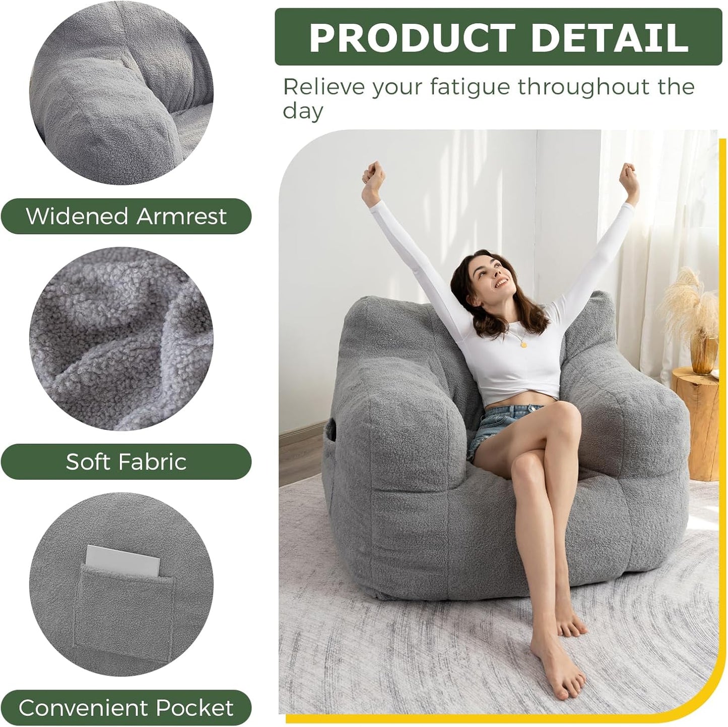 HIGOGOGO Giant Bean Bag Chairs for Adults,Big Comfy Chair Sofa for Bedroom Living Room, Large Lazy Bean Bag Chair with Pocket Armrests for Gaming, Reading