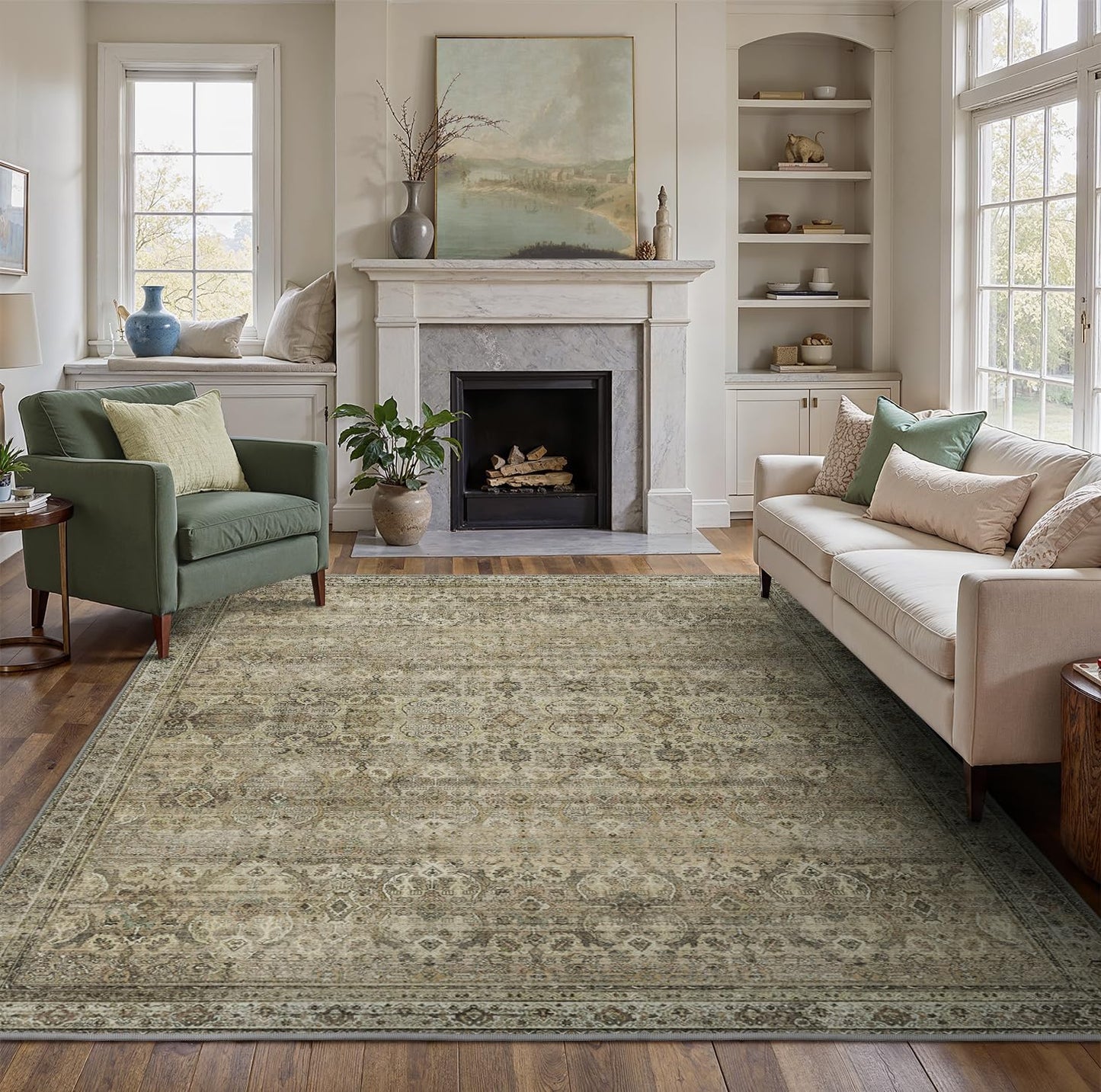 9X12 Area Rugs Machine Washable Rugs for Living Room, Vintage Boho Large Rugs for Bedroom Dining Room, Non Slip Indoor Soft Distressed Lightweight Thin Low Pile Carpet, Muted Sage