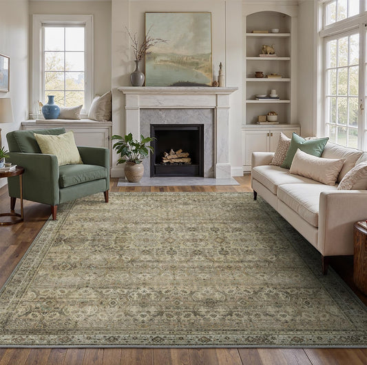 9X12 Area Rugs Machine Washable Rugs for Living Room, Vintage Boho Large Rugs for Bedroom Dining Room, Non Slip Indoor Soft Distressed Lightweight Thin Low Pile Carpet, Muted Sage